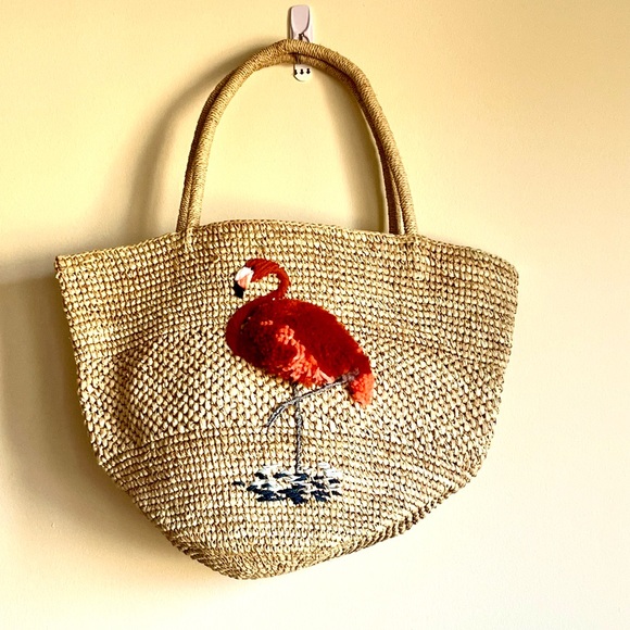 Embroidered Flamingo Raffia Tote - Handmade - Picture 4 of 12